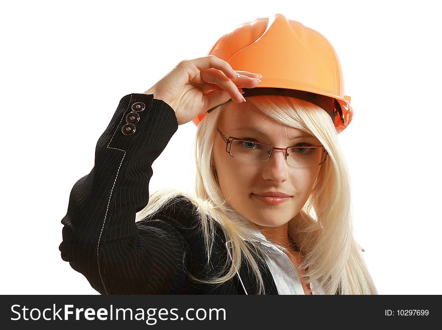 Attractive female architect in hardhat, isolated on white background