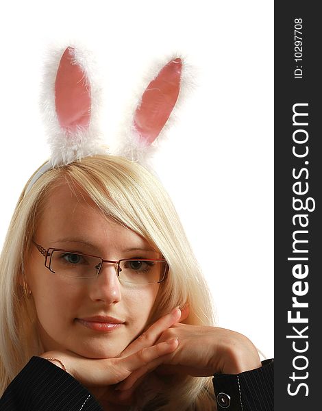 A young attractive business woman with bunny ears