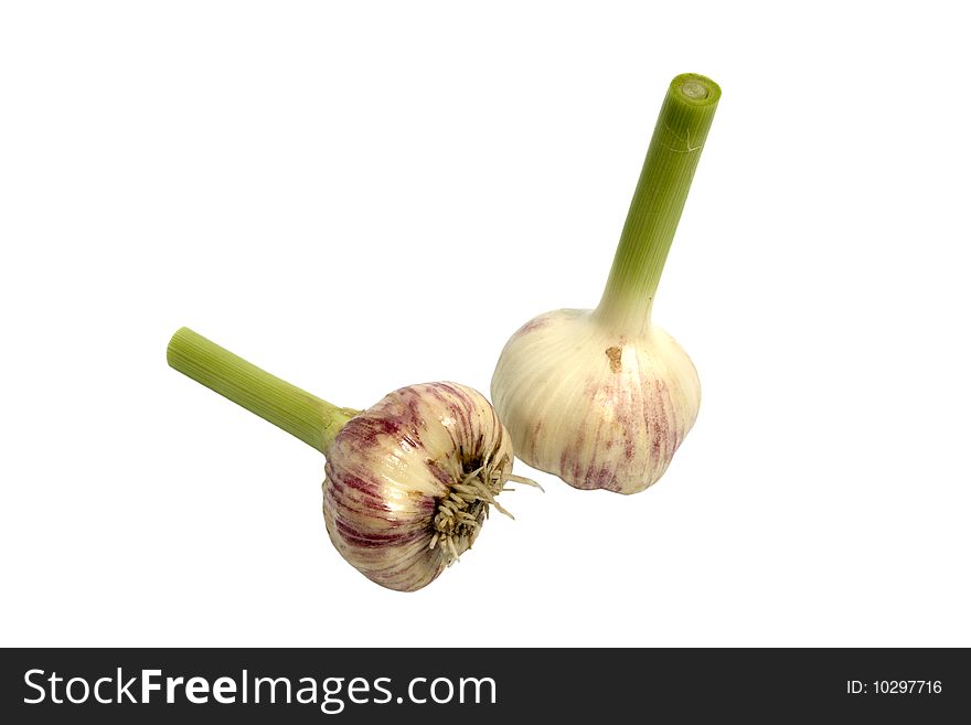 Two ripe garlics over a white background