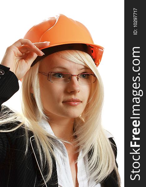 Attractive female architect in hardhat, isolated on white background