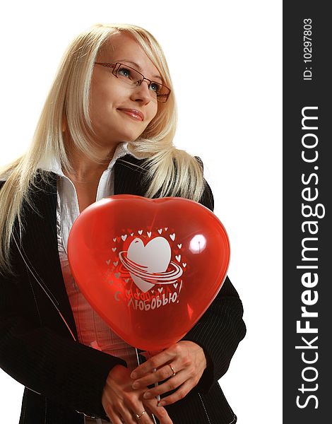 A young attractive woman with red balloon, isolated on white background