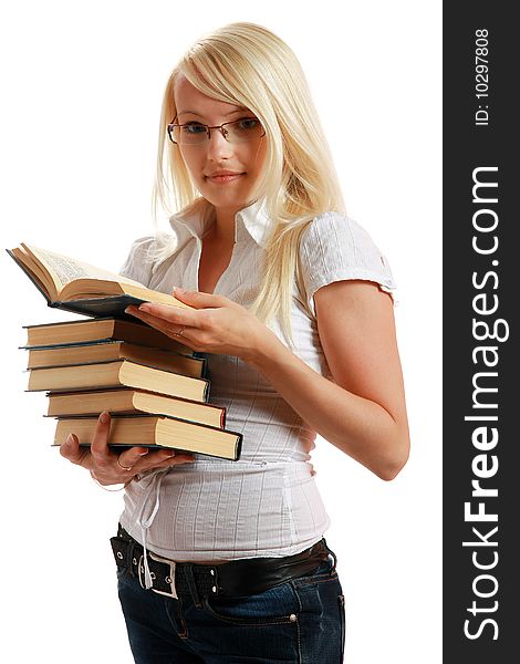 Young Girl Leaned Over Pile Of Books