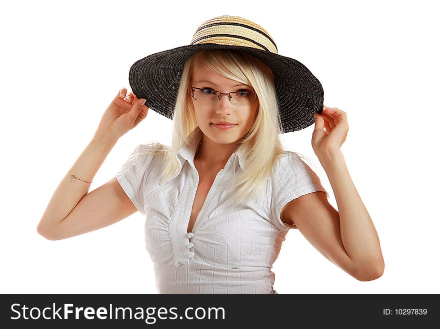 A young attractive woman with straw hat, isolated on white background