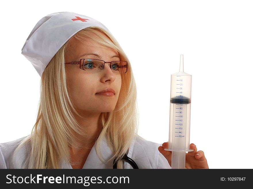 Attractive Lady Doctor with syringe, isolated on white background