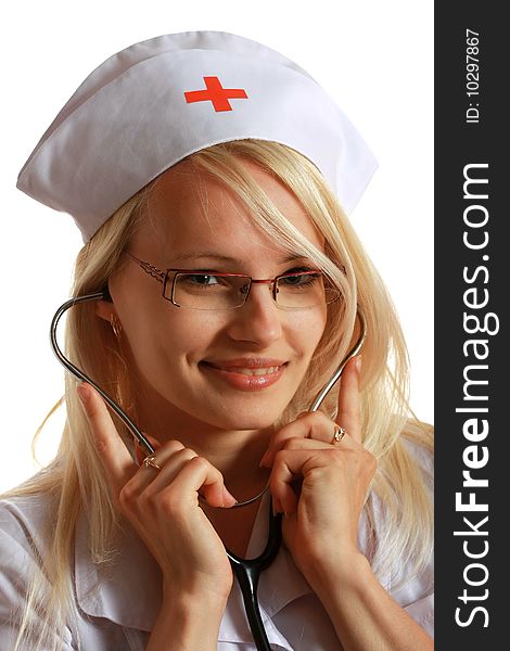 Attractive Lady Doctor with stethoscope, isolated on white background