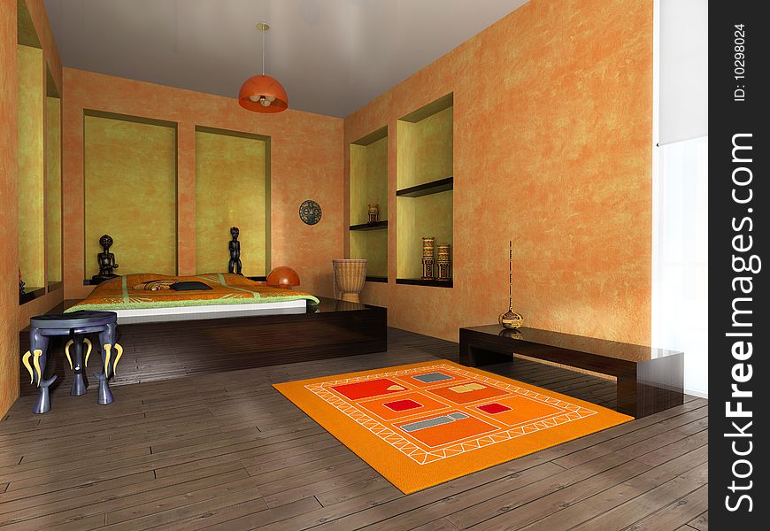 Interior to bedrooms with african motive. Interior to bedrooms with african motive