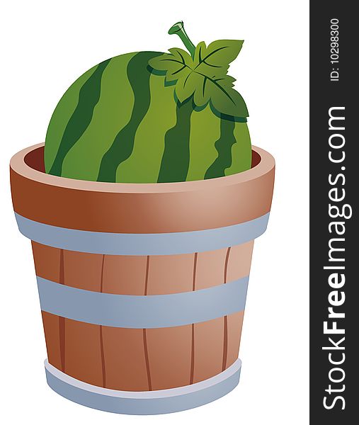 A fresh watermelon  in a wood barrel