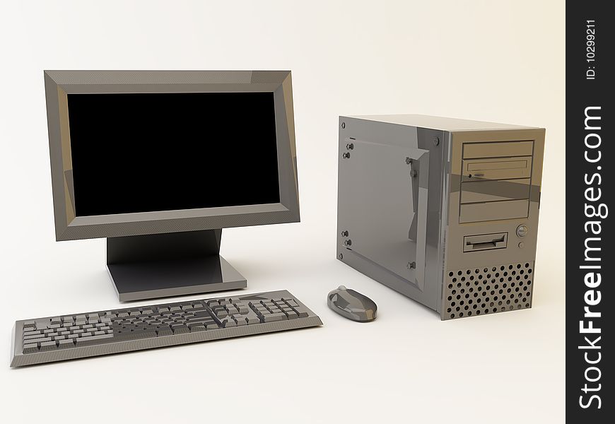 3d render of black computer. Monitor, keyboard, mouse.