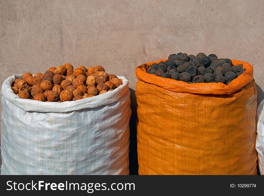 Sacks of Dried Fruit being sold in a Dubai Spice Souk