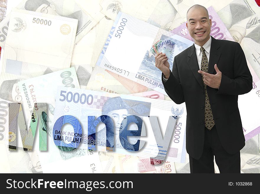 Chinese business man holding up money with a message. Chinese business man holding up money with a message