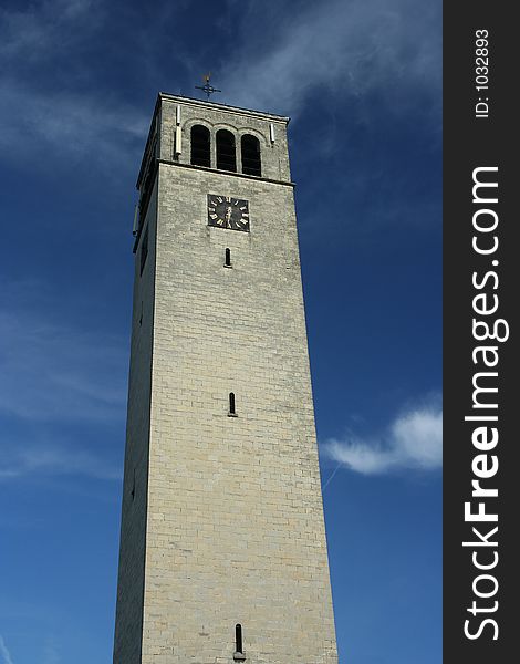 A rectangular church spire