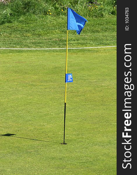 A blue golf flag in a the hole on the green on a golfcourse. A blue golf flag in a the hole on the green on a golfcourse