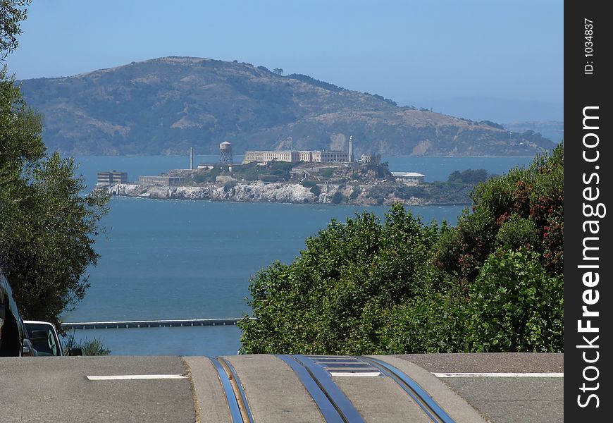 View of Alcatraz Island in San Francisco Bay, taken from Lombard Street. View of Alcatraz Island in San Francisco Bay, taken from Lombard Street