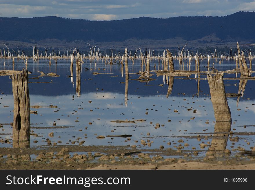 A lake at low water level. A lake at low water level