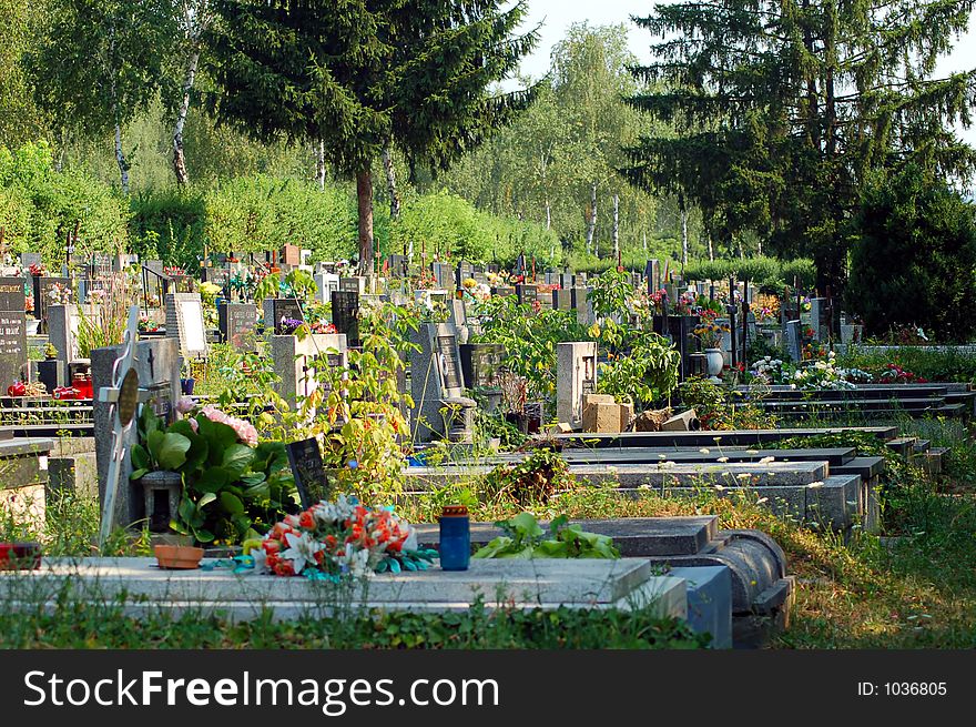 Graveyard on sunny day. Calm and quiet.