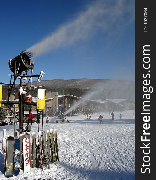 Snowmaking machines in action by Hunter Mountain ski resort, NY