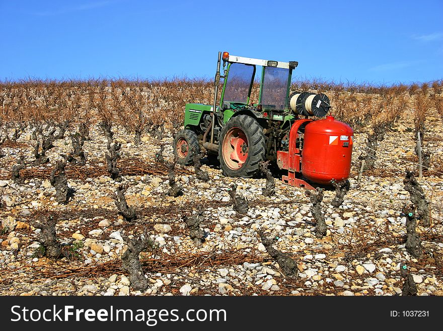 Green and red tractor in vineyard in french south.