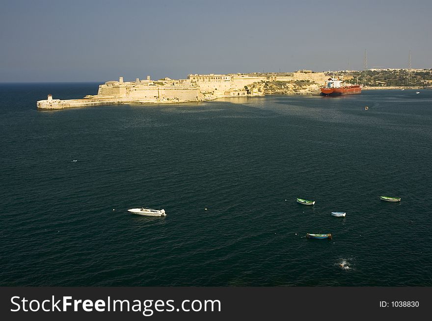 Malta. Old fort view + Ship & boats.