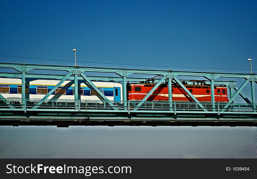 Train running over Danubian bridge. Train running over Danubian bridge