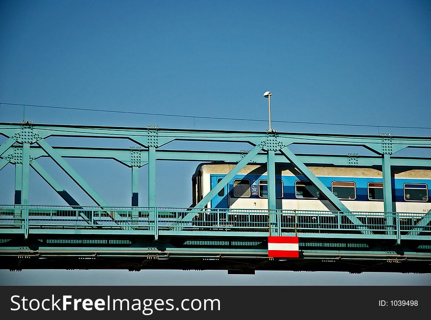 Train running over Danubian bridge. Train running over Danubian bridge