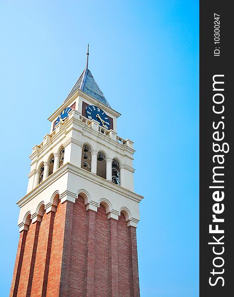 Detailed architecture of towering majestic clock tower