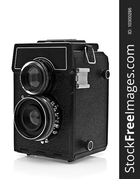 Black old camera on a white background