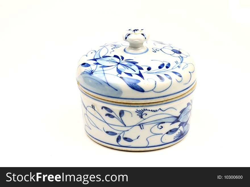 White and blue ceramic pot