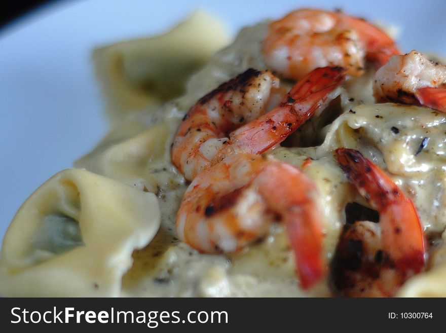 Delicious tortellini with braised shrimp covered in a rich, creamy garlic sauce. Delicious tortellini with braised shrimp covered in a rich, creamy garlic sauce.