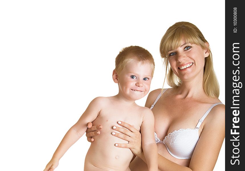 Young mum with the small son on a white background. Young mum with the small son on a white background