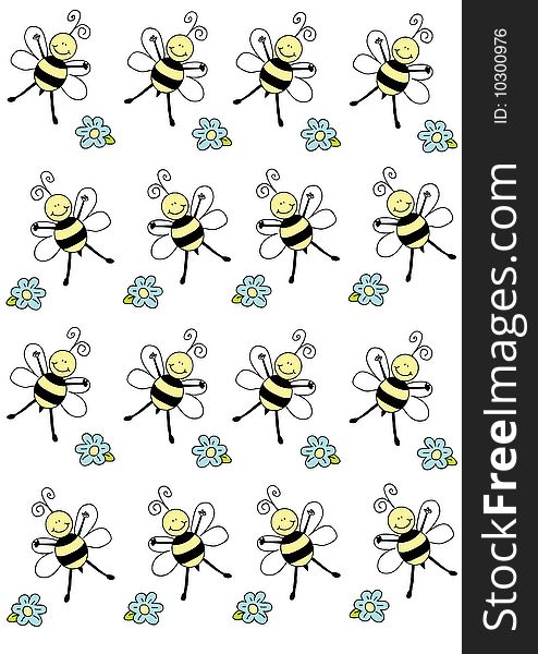 Nice bees and flowers isolated on white, , illustration, ornament