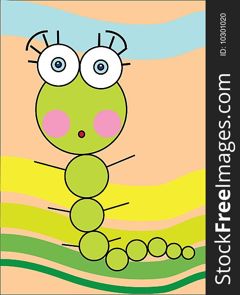 Nice cartoon green caterpillar with big blue eyes and long lashes over green and blue background