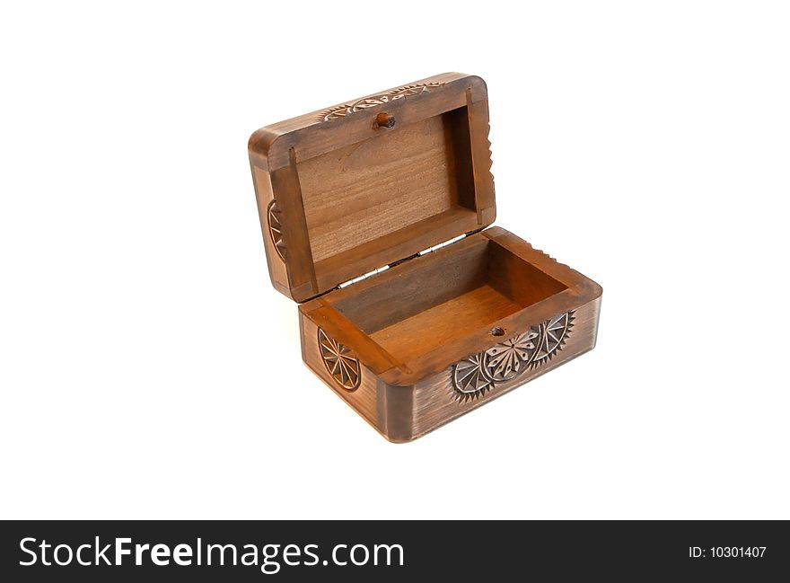 Open empty carved wooden casket isolated