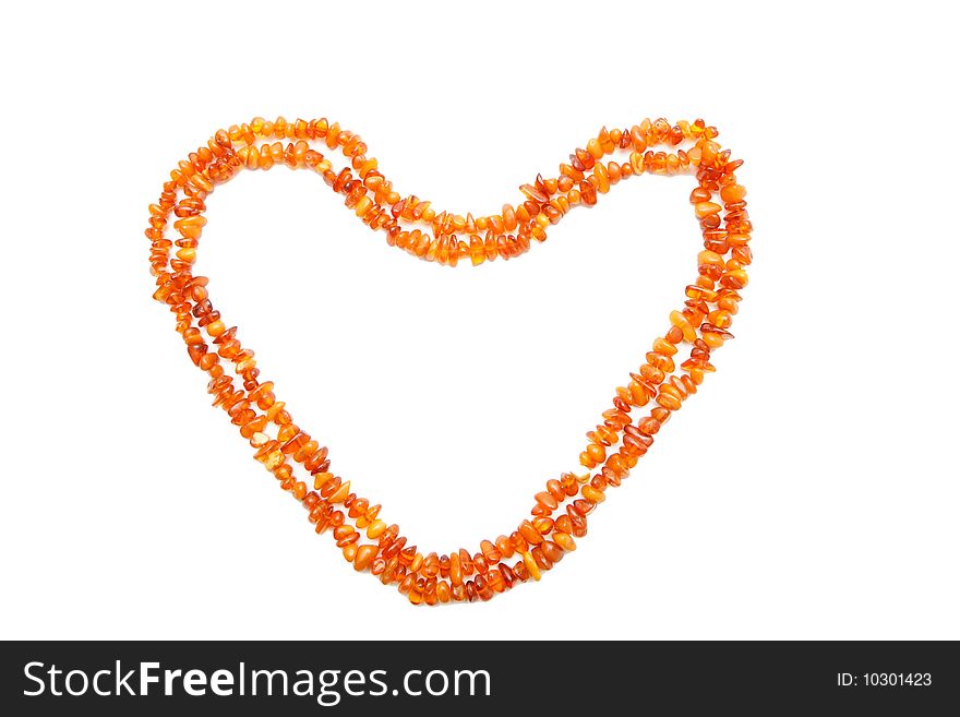 Amber Beads Double Frame In Shape Of Heart Isolate