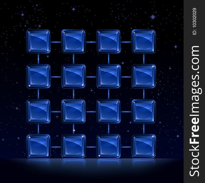 Group of blue square glass blocks - abstract crystal lattice over space. Group of blue square glass blocks - abstract crystal lattice over space