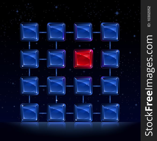 Group of blue square glass blocks with one glowing red and standing out of the row. Group of blue square glass blocks with one glowing red and standing out of the row