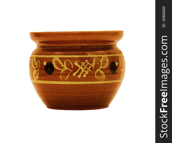 Photo of brown clay pot isolated over white background