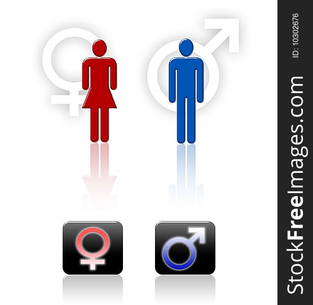 Male and female gender symbols and buttons isolated on white, background. Male and female gender symbols and buttons isolated on white, background.