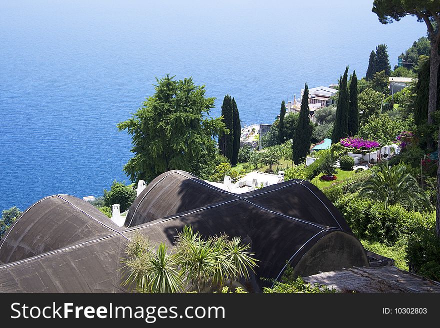 View from the famous Ravello gardens over the Amalfi coast in Italy