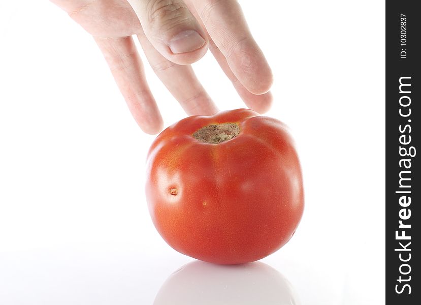 Reaching for a tomato on white backround