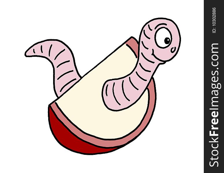 Colour line cartoon drawing of a worm in a slice of apple. Colour line cartoon drawing of a worm in a slice of apple
