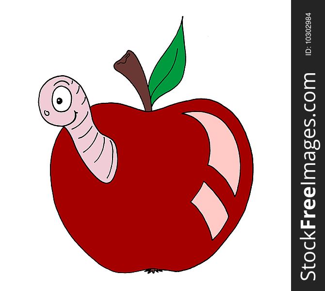 Colour line cartoon drawing of a worm eating an apple