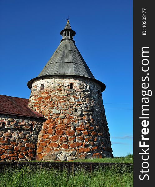 Old medieval fortress tower in traditional russian style. Solovetsky island, White Sea, Russia North