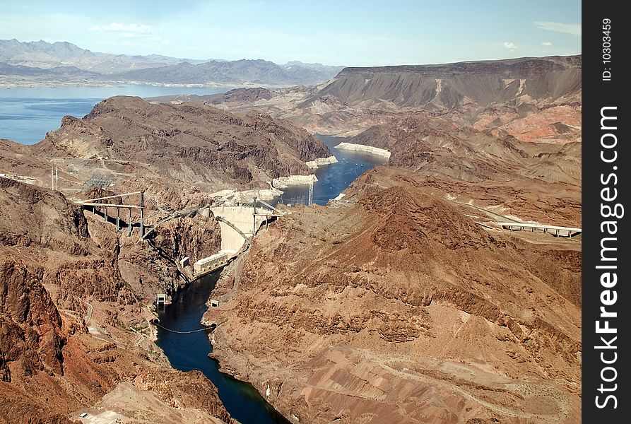 Aerial shot of the Hoover Dam. Glen Canyon Dam on the Colorado River and Lake Powell. Nevada, USA. Famous landmark.