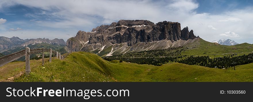 View of the Gruppo Sella (Valgardena, Trentino, Italy) from the Saslong.