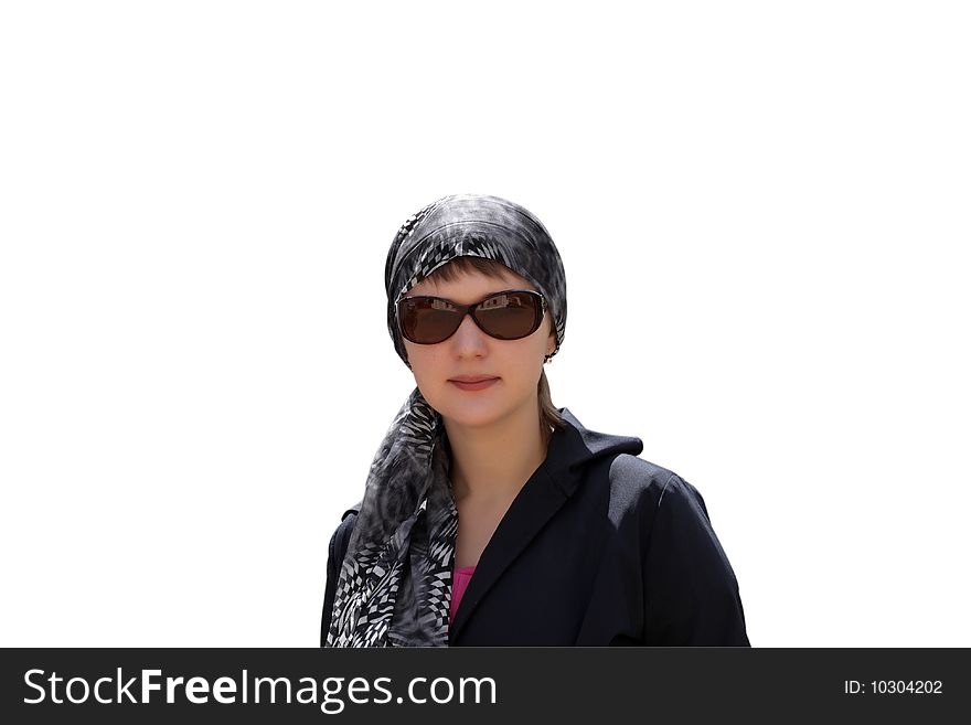 The woman poses in sunglasses on white background. The woman poses in sunglasses on white background