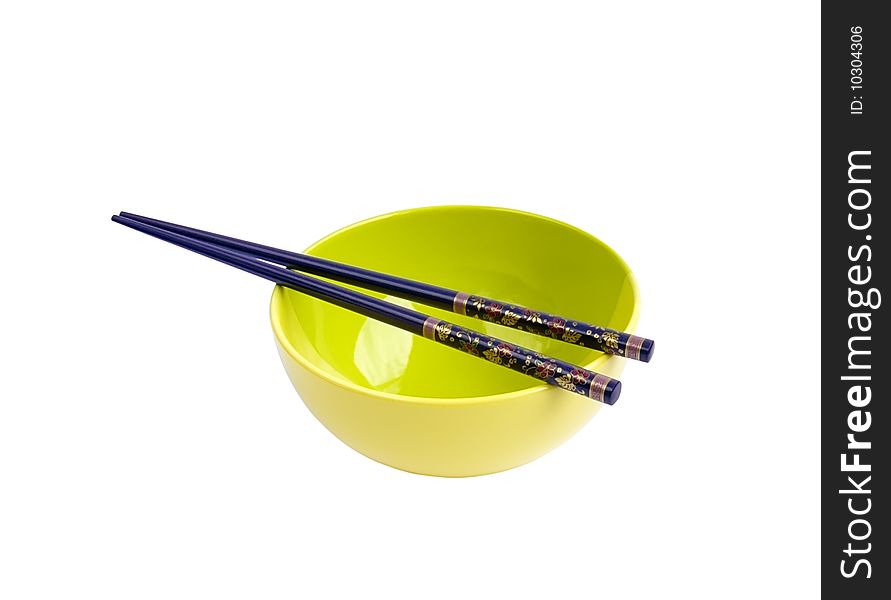 Bowl for rice and chopsticks on white background