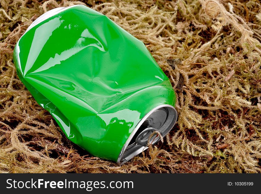 A crushed green aluminum drink can on moss
