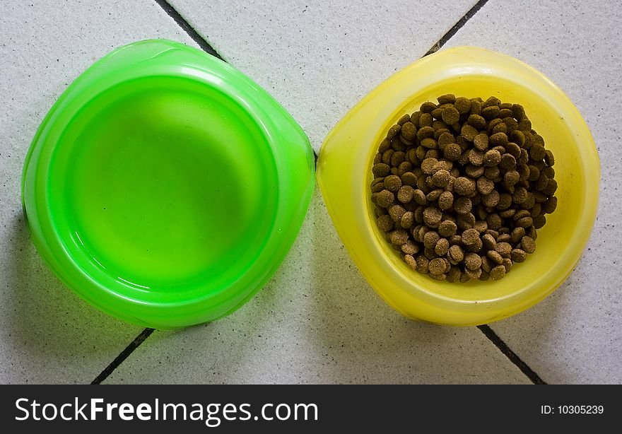 Colorful bowls for the dog on white floor