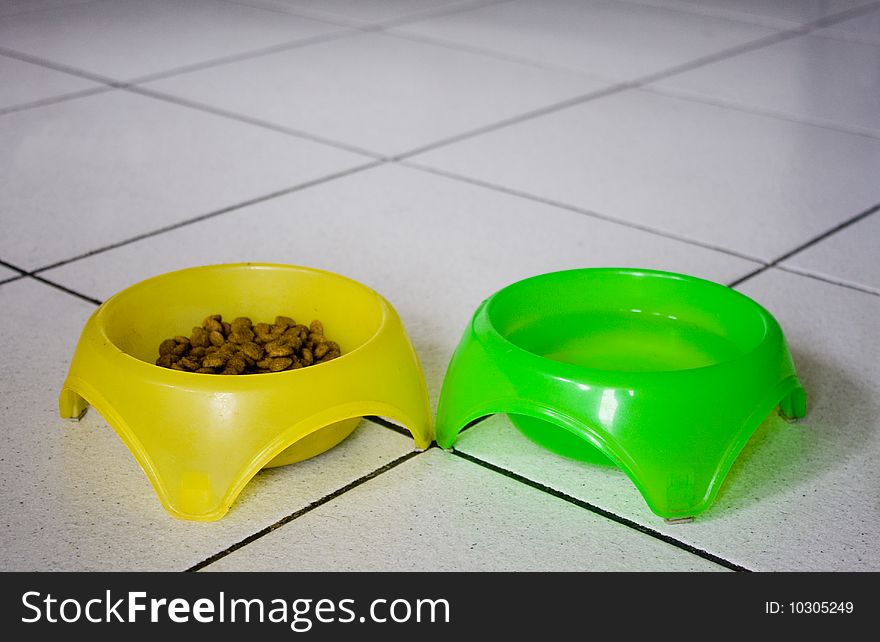 Colorful bowls for the dog on white floor