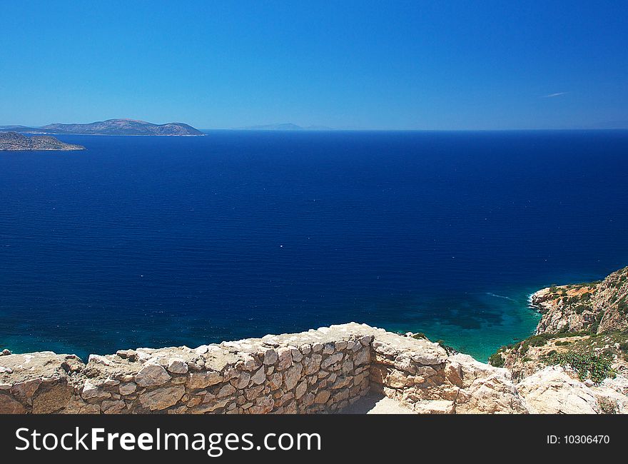 Vew to Aegean sea and islands from Kastelos fortress. Vew to Aegean sea and islands from Kastelos fortress